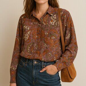 Vintage Abstract Print Button-Up Blouse